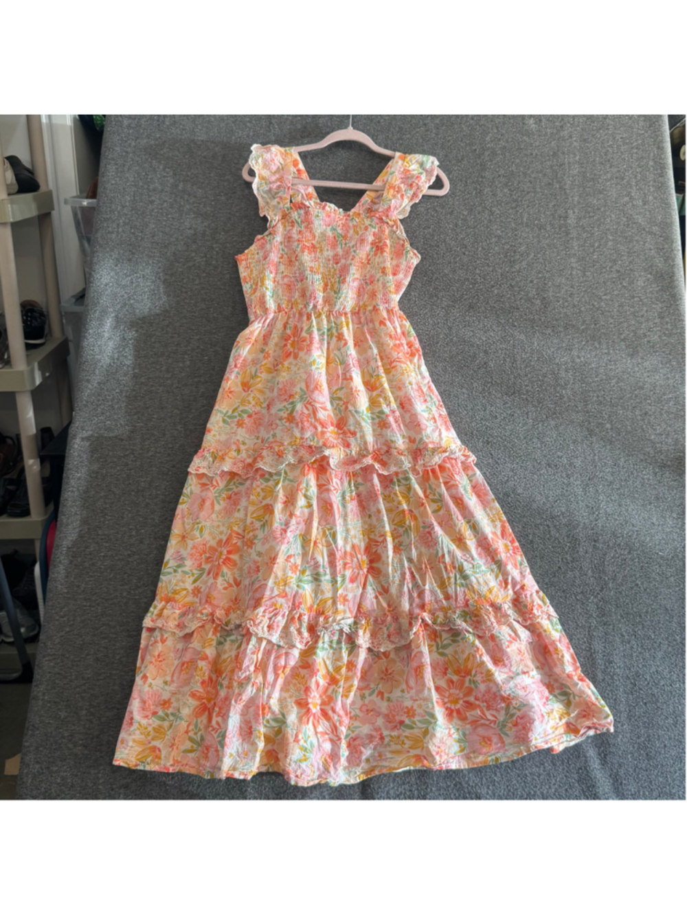 Haute Hippie Size 12 Floral Tiered Maxi Dress Smocked Boho Cottagecore Lace - Picture 3 of 9